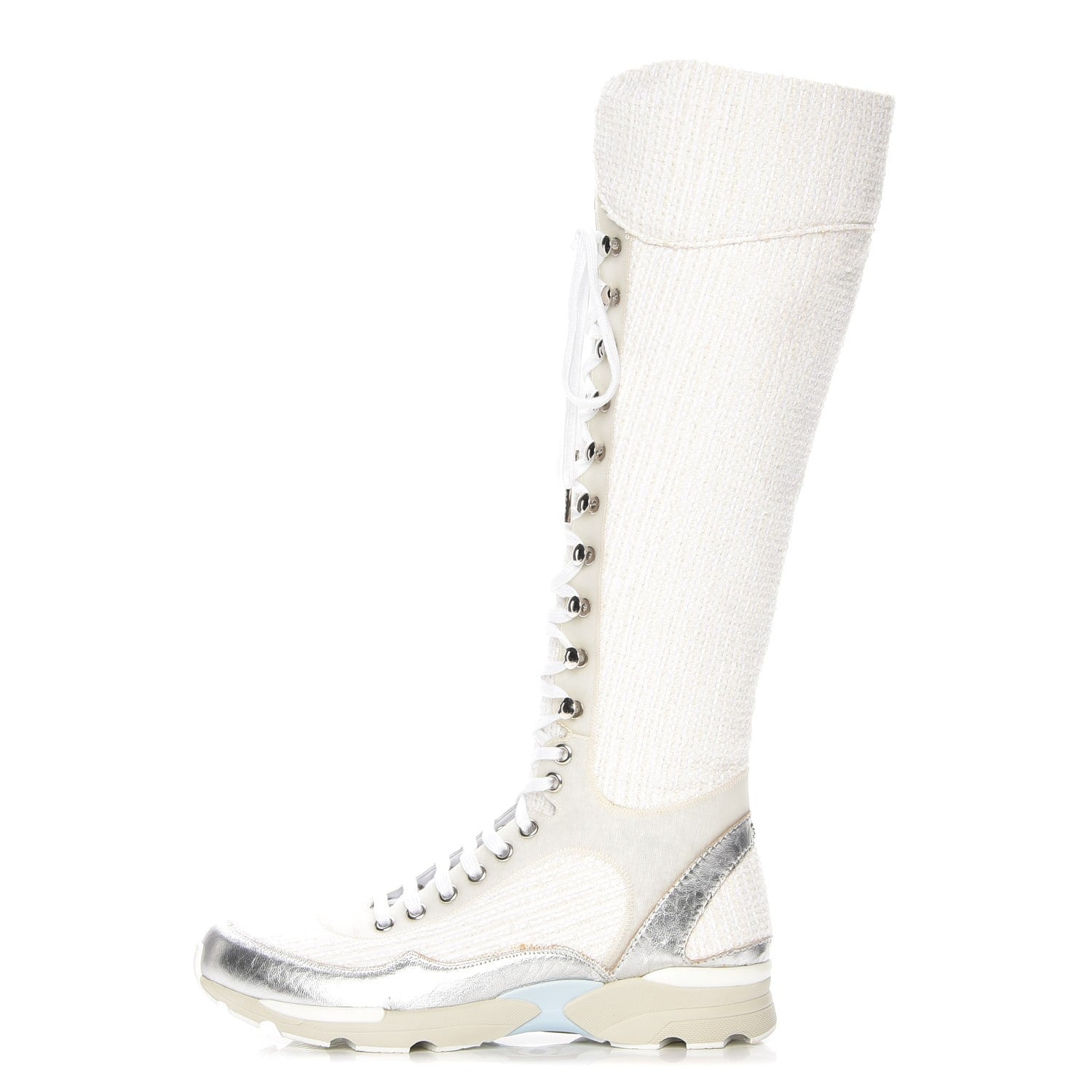 Chanel Tweed Suede Calfskin Sneaker High Boots 38 White Silver 1 of 6
