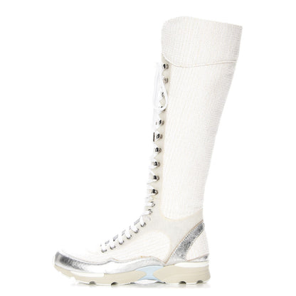 Chanel Tweed Suede Calfskin Sneaker High Boots 38 White Silver 1 of 6