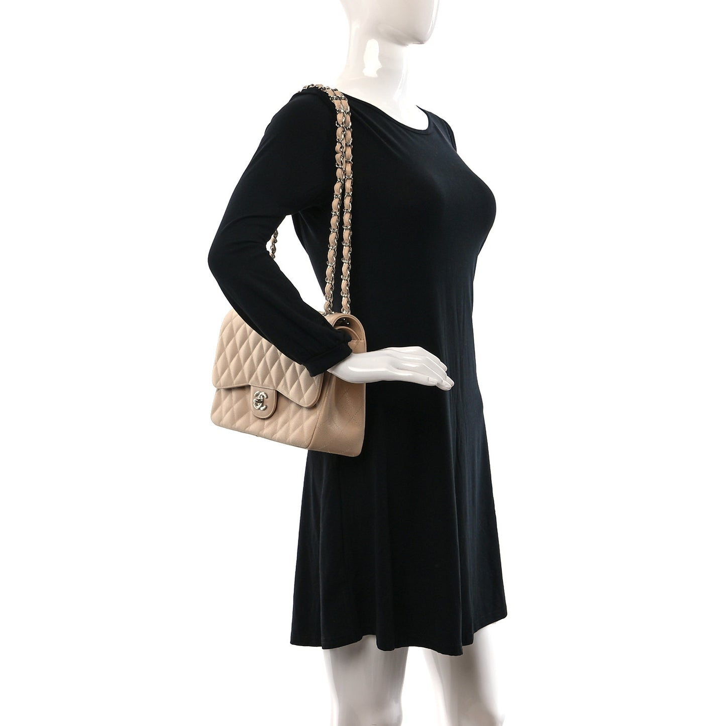 Caviar Quilted Jumbo Double Flap Beige