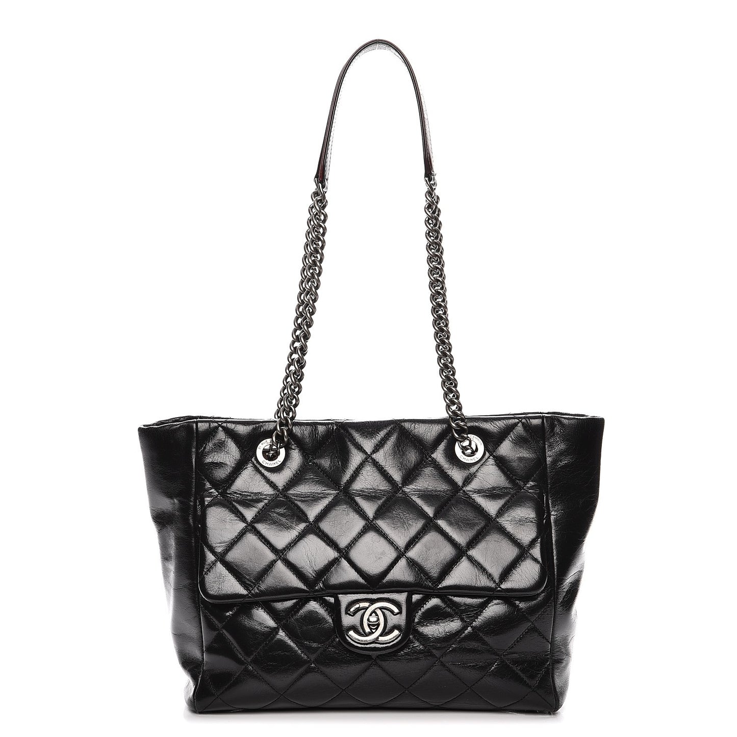 Glazed Calfskin Quilted Small Duo Color Tote Black