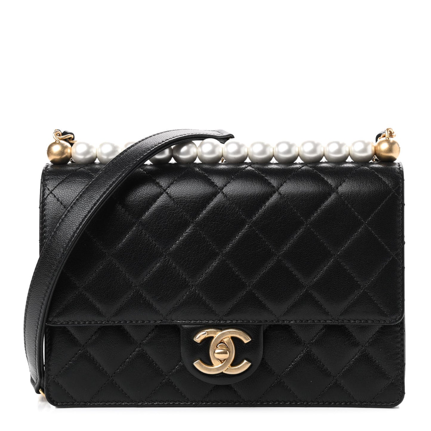 Goatskin Quilted Small Chic Pearls Flap Black