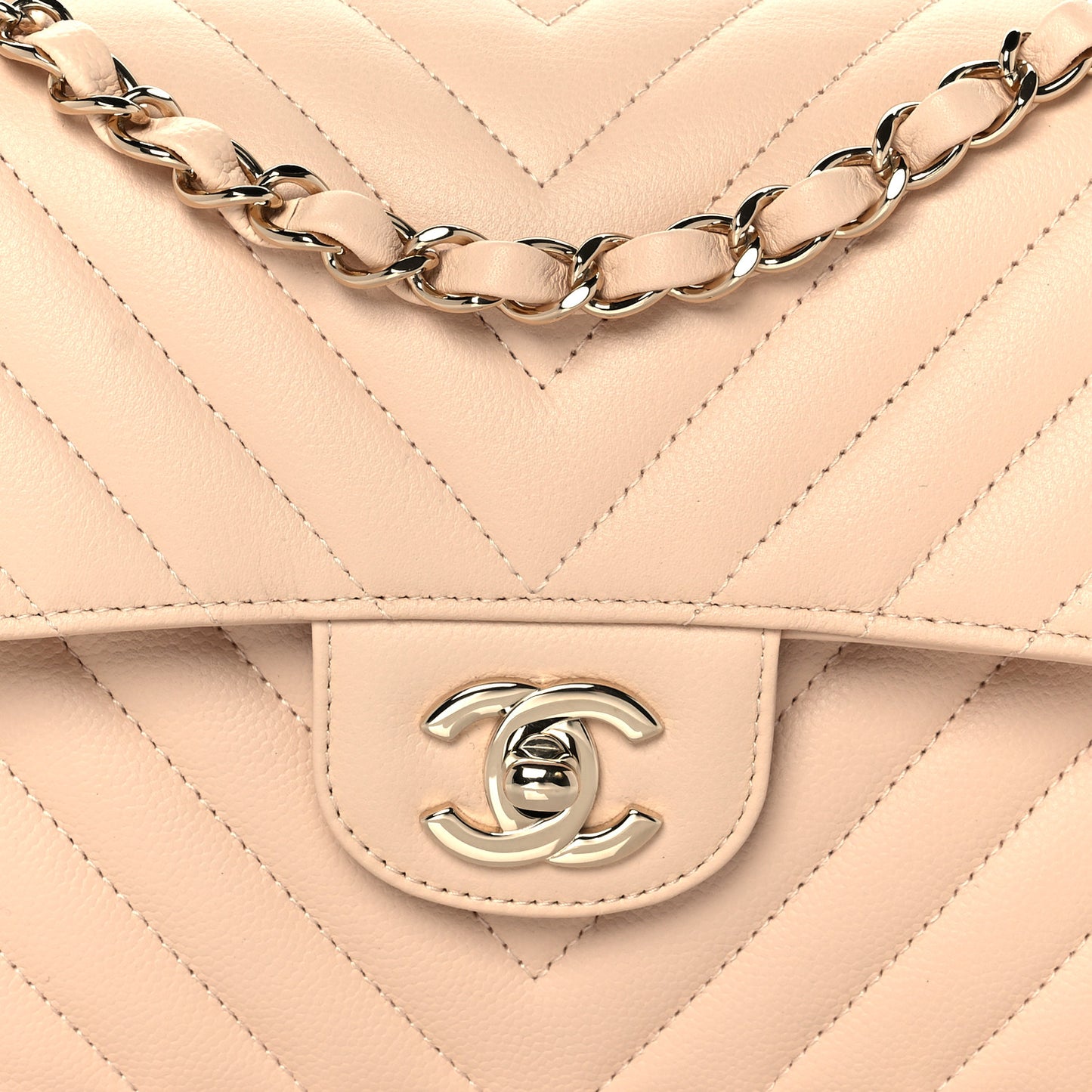 Caviar Chevron Quilted Small Double Flap Beige