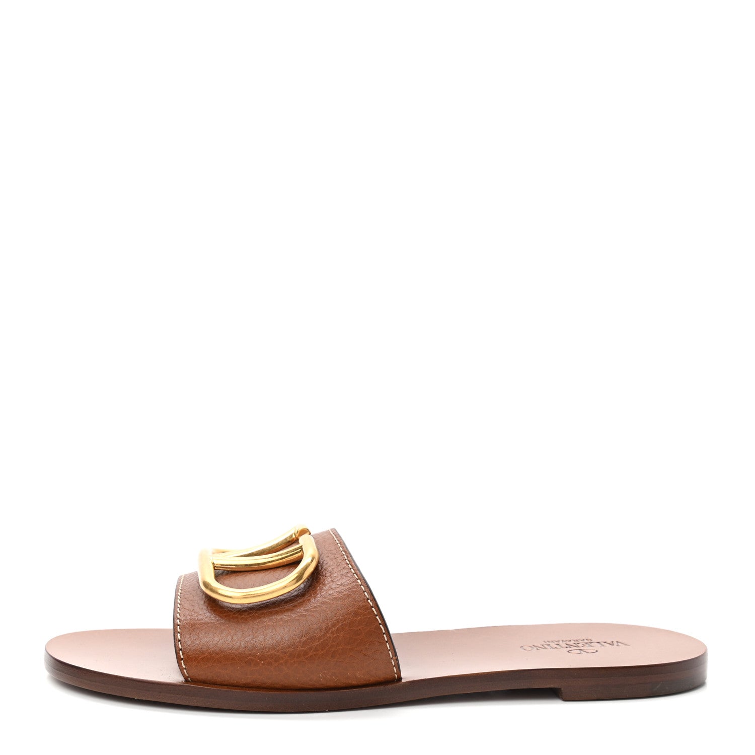 Valentino Garavani Grainy Cowhide Vlogo Flat Slide Sandals 38.5 Cuoio 1 of 9