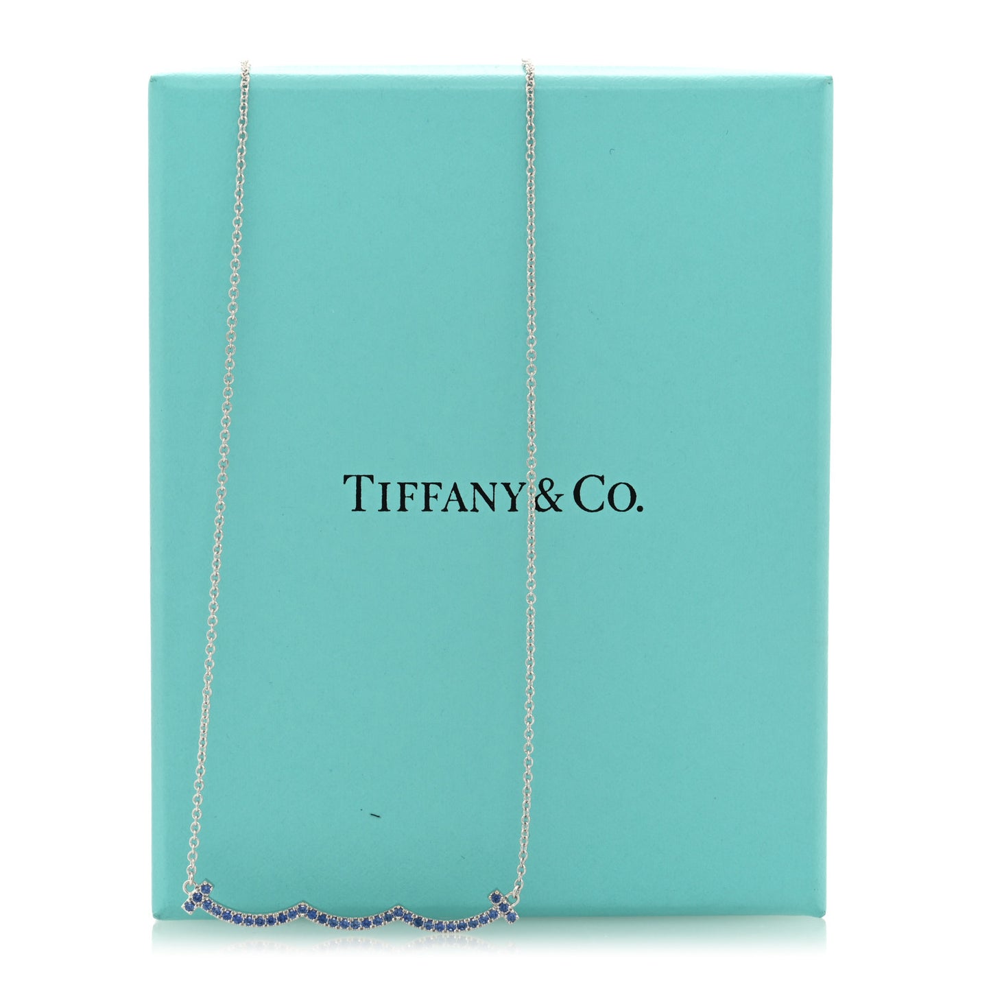 18K White Gold Blue Sapphire Wave Pendant Necklace