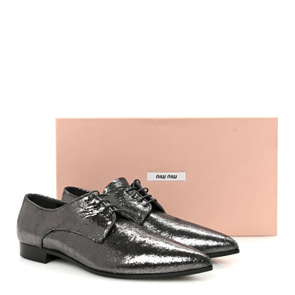 Miu Miu Metallic Crinkled Patent Lace Up Oxford Flats 37.5 Dark Silver 9 of 9
