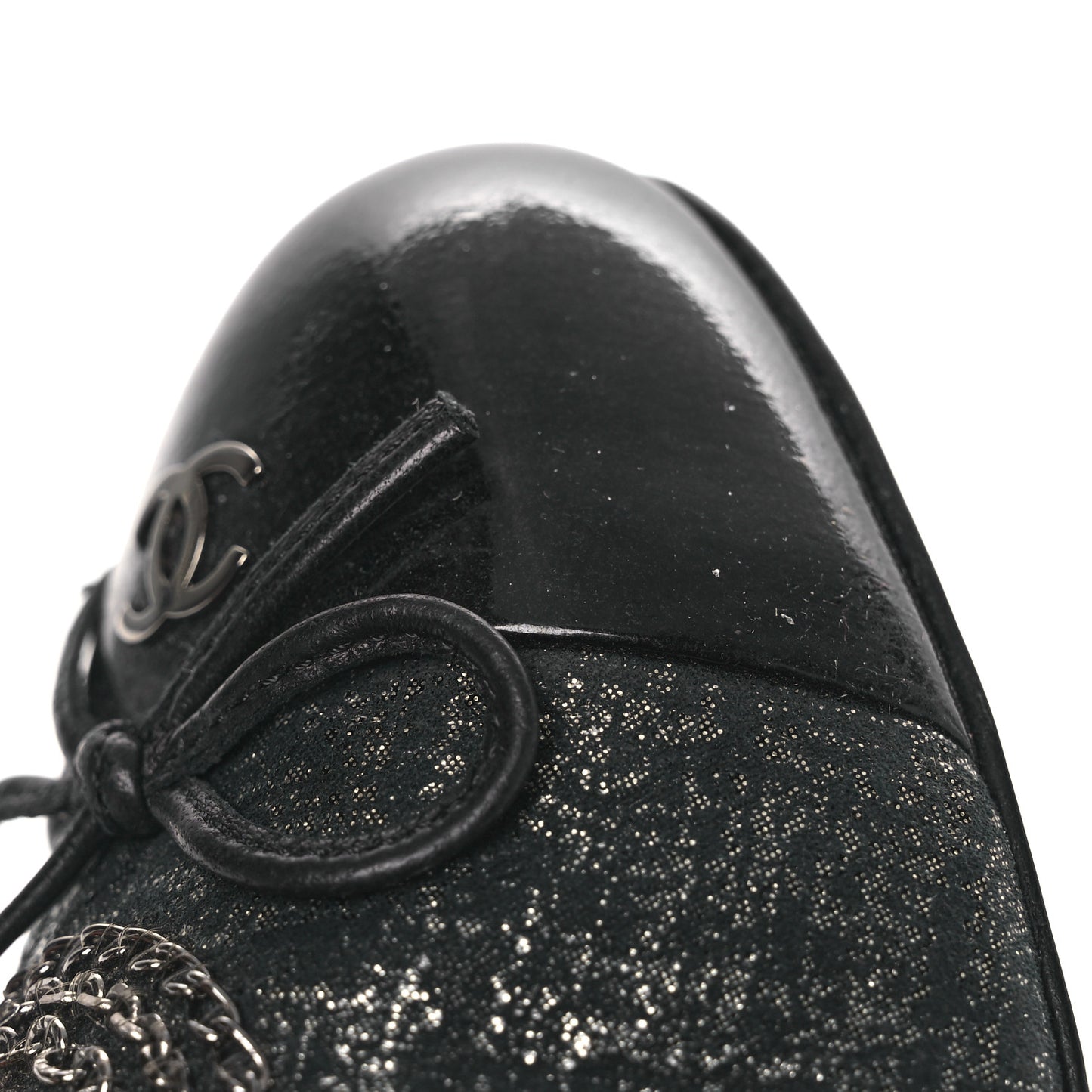 Metallic Tweed Patent Cap Toe CC Chain Ankle Booties 40 Black