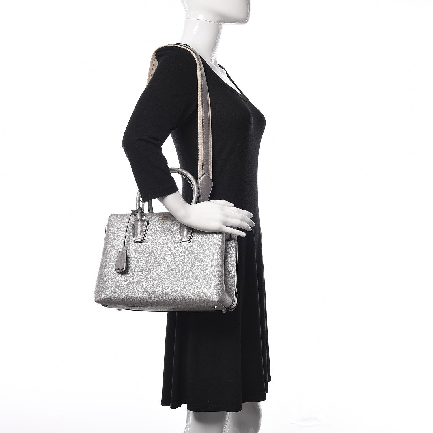 MCM Metallic Grained Calfskin Medium Milla Tote Spike Silver 2 of 9