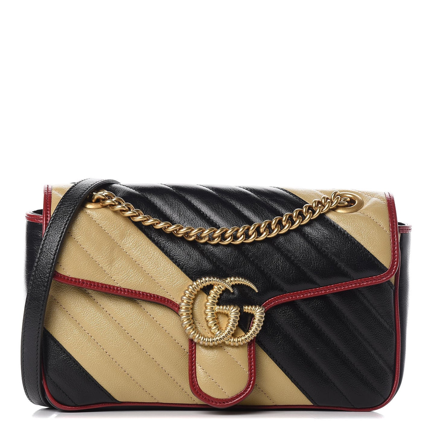 Vintage Effect Calfskin Matelasse Diagonal Striped Small Torchon GG Marmont Shoulder Bag Black Beige