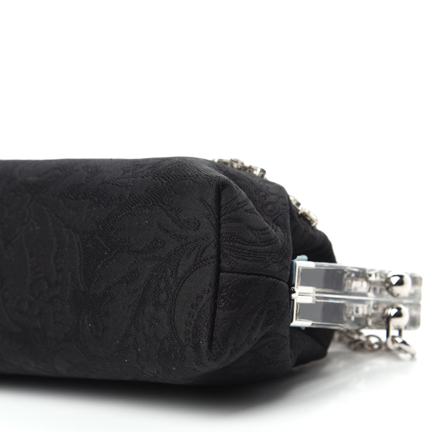 Satin Lace Crystal Embellished Plexis Glass Chain Clutch Black