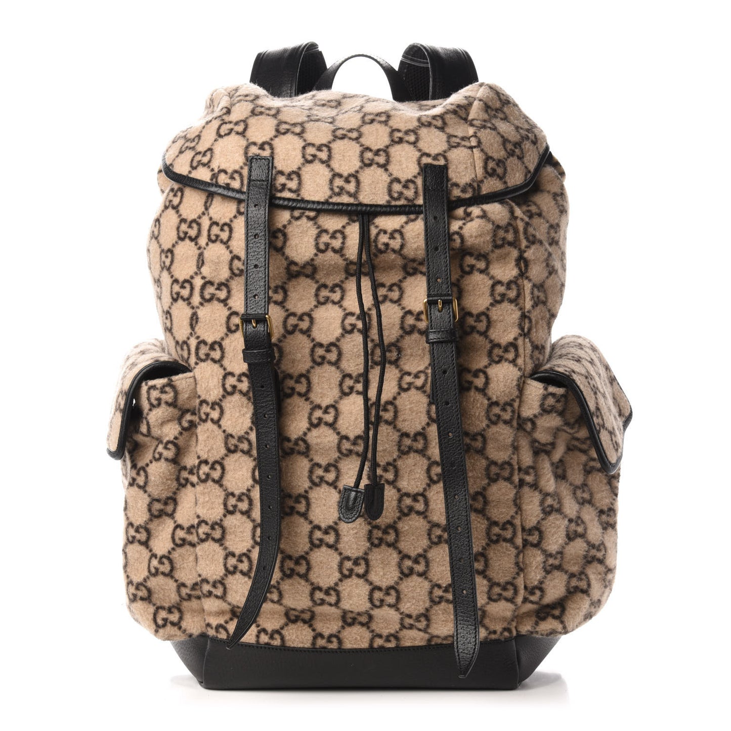 Covered Wool GG Monogram Large Double Buckle Backpack Beige Ebony Black