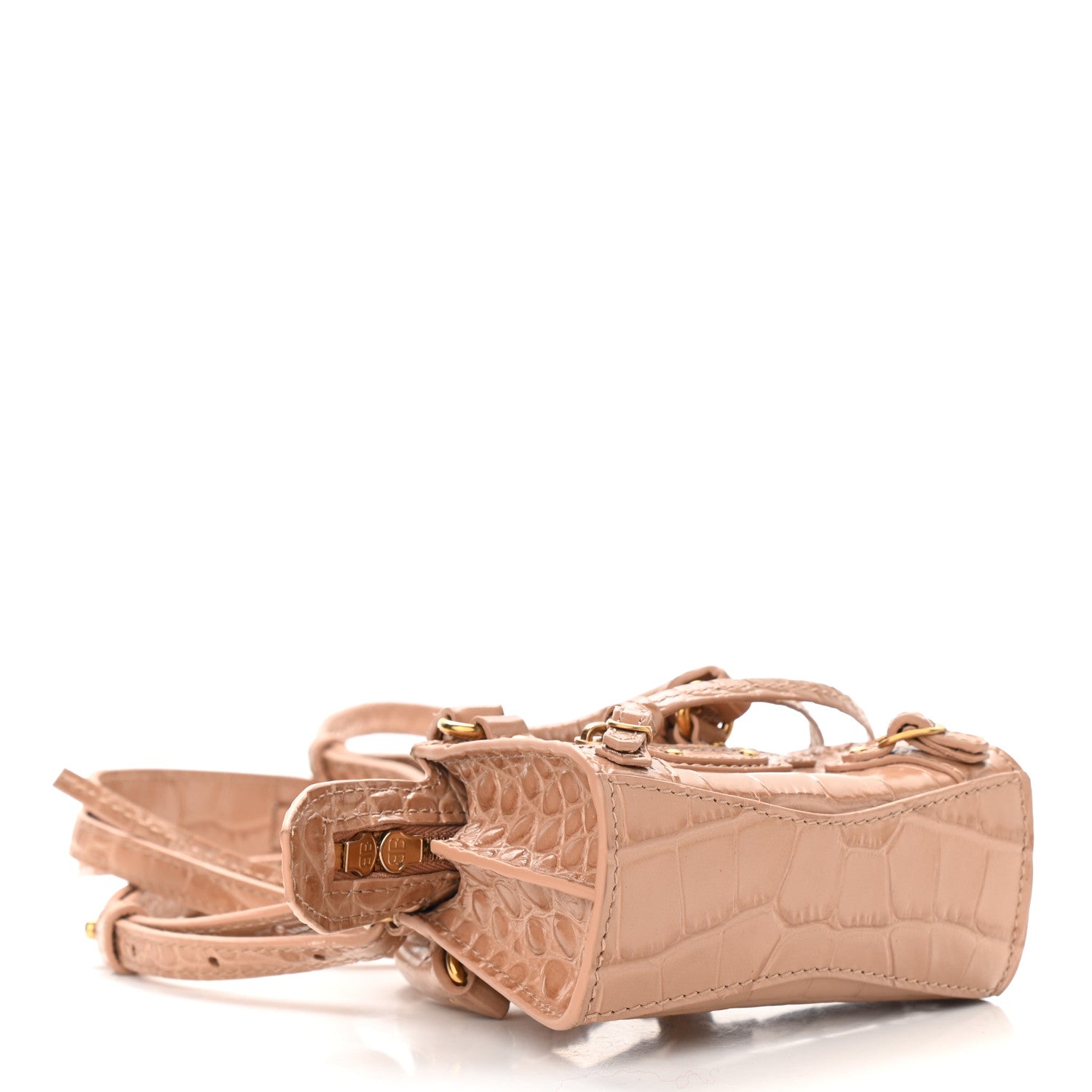 Balenciaga Shiny Supple Calfskin Crocodile Embossed Neo Classic Gold Hardware Super Nano City Crossbody Nude Beige 4 of 8