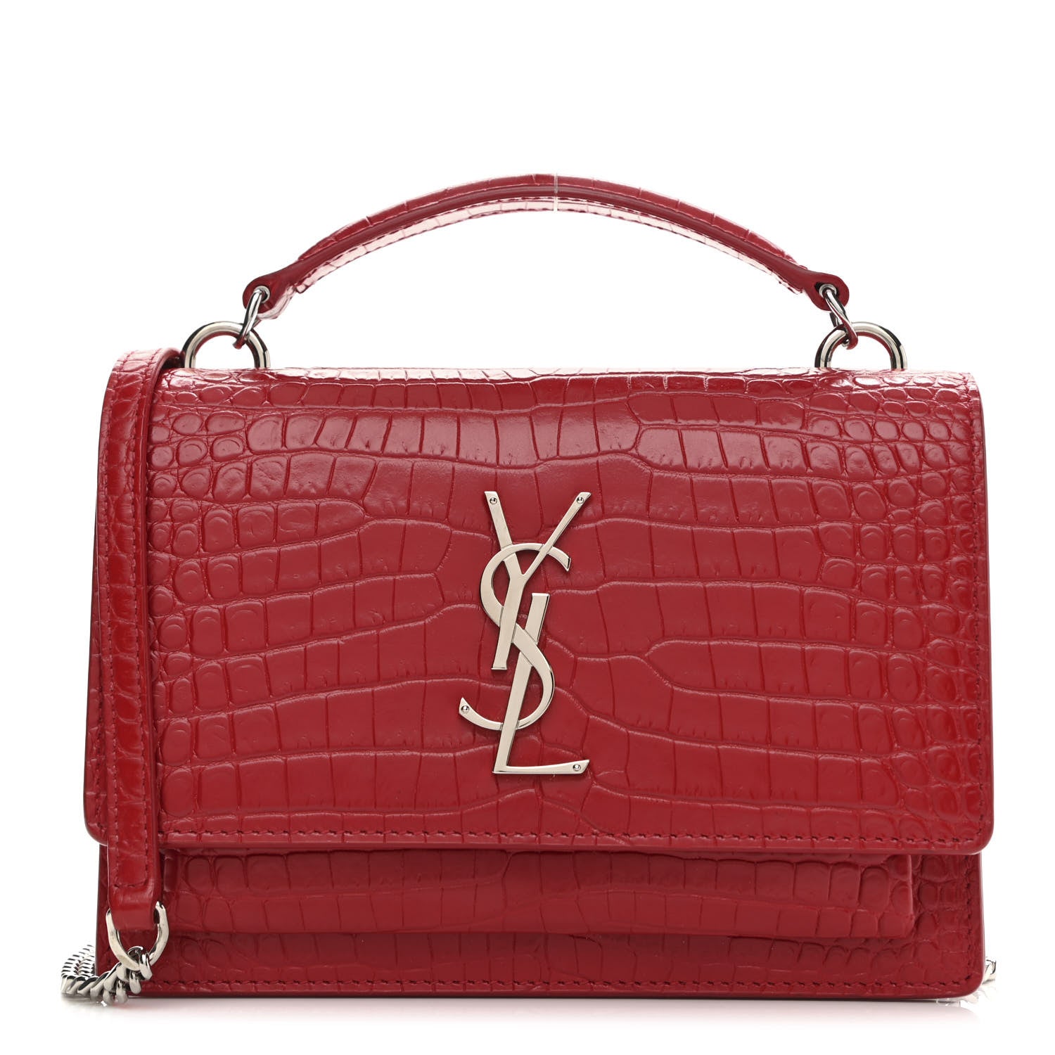 Saint Laurent Calfskin Crocodile Embossed Monogram Sunset Chain Wallet New Lipstick Red 1 of 13