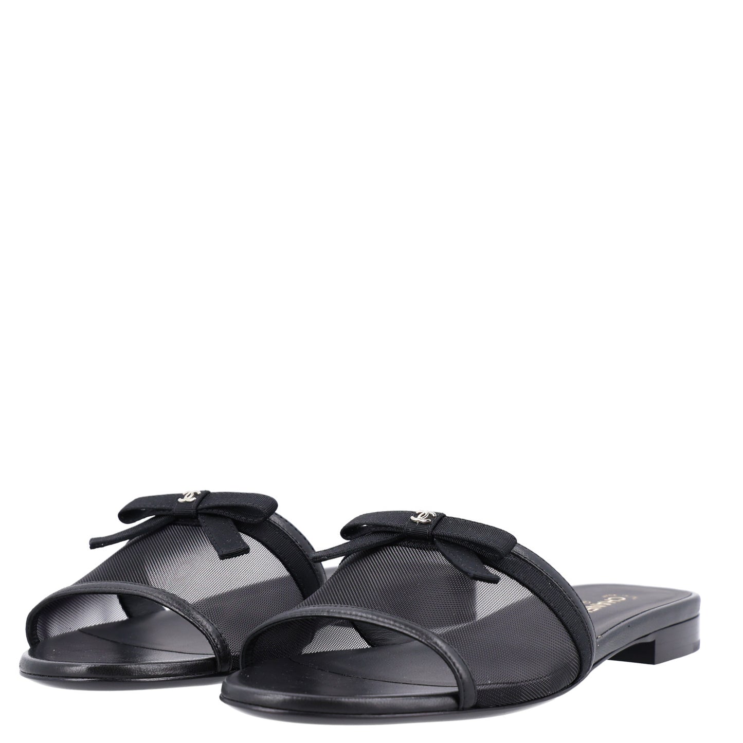 Mesh Lambskin CC Bow Mules 39.5 Black
