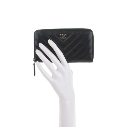 Chanel Caviar Chevron Quilted Small Zip Around Wallet Black 2 of 8
