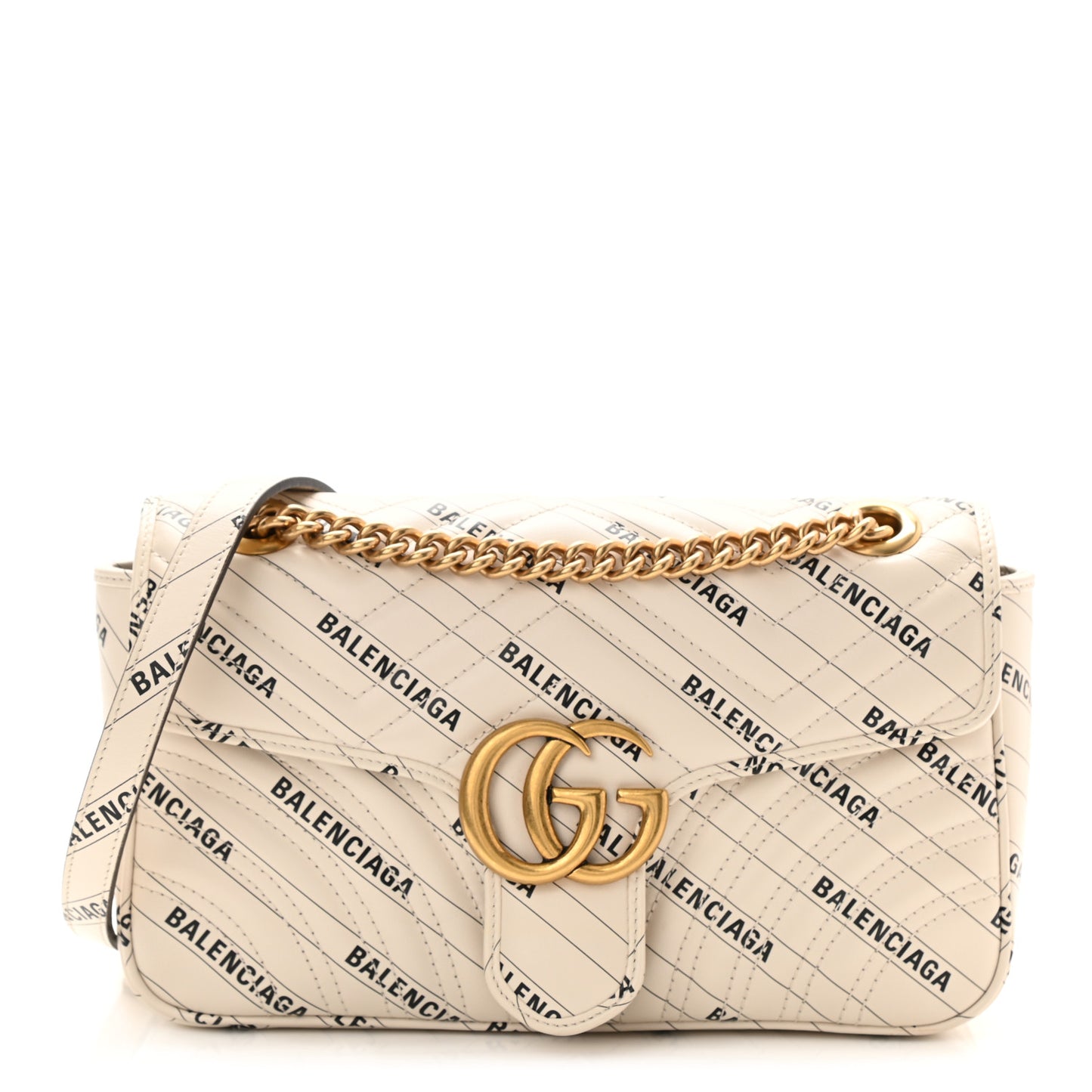 X BALENCIAGA Calfskin Matelasse Logo Print Small GG Marmont Shoulder Bag White