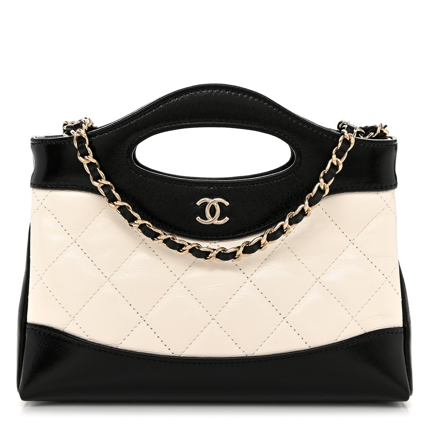 Shiny Crumpled Calfskin Quilted Nano 31 Shopping Bag White Black