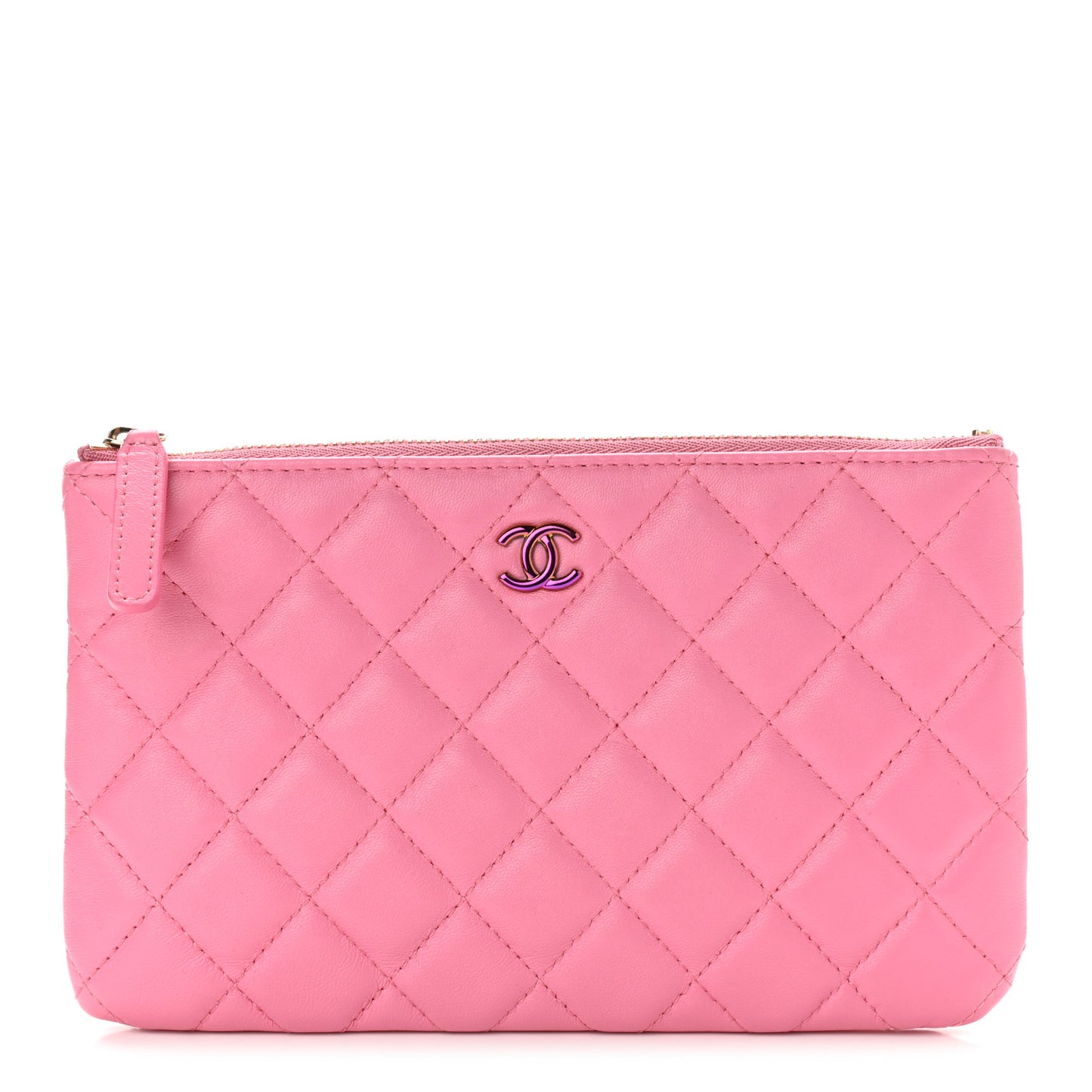 Lambskin Quilted Zipped Pouch Pink Yellow