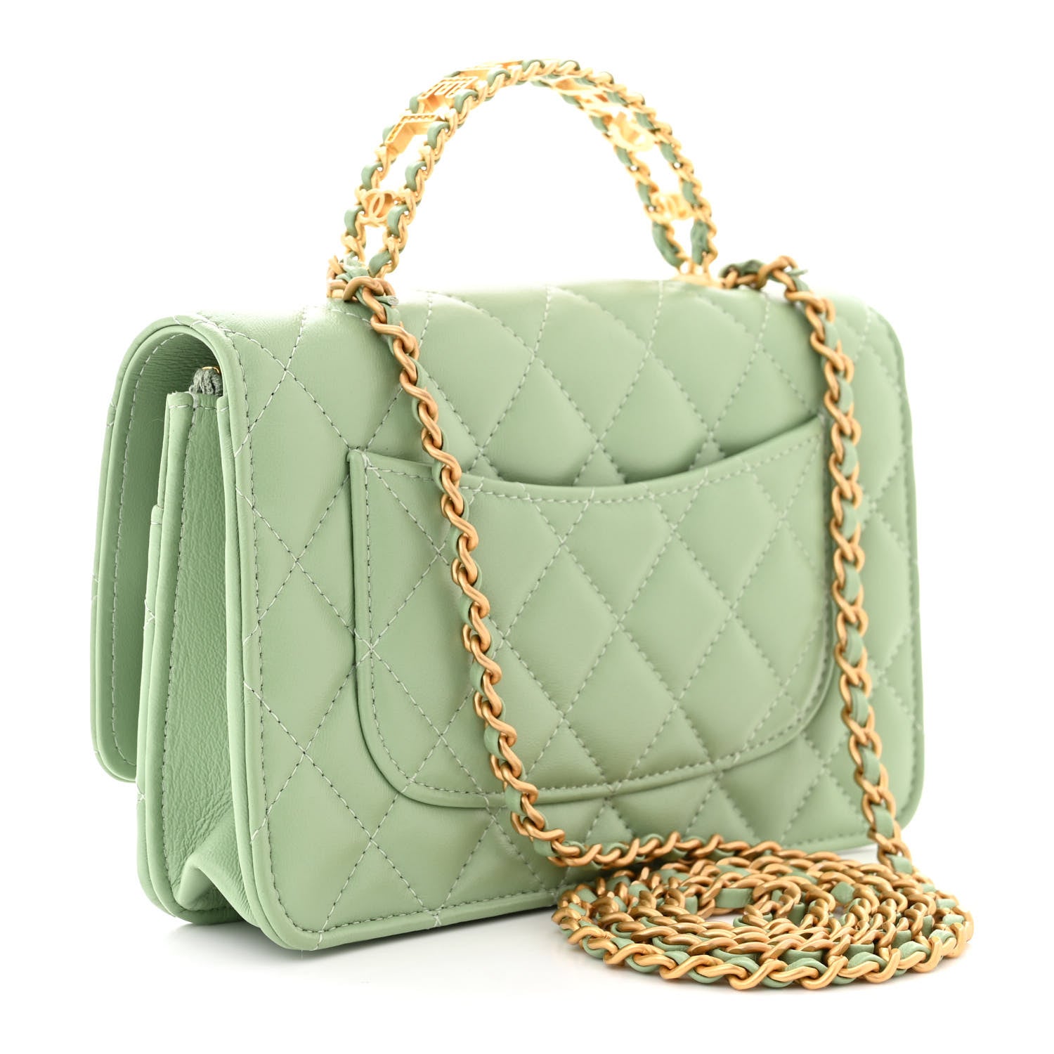 Chanel Lambskin Quilted CC Logo Handle Wallet On Chain WOC Light Green 3 of 12