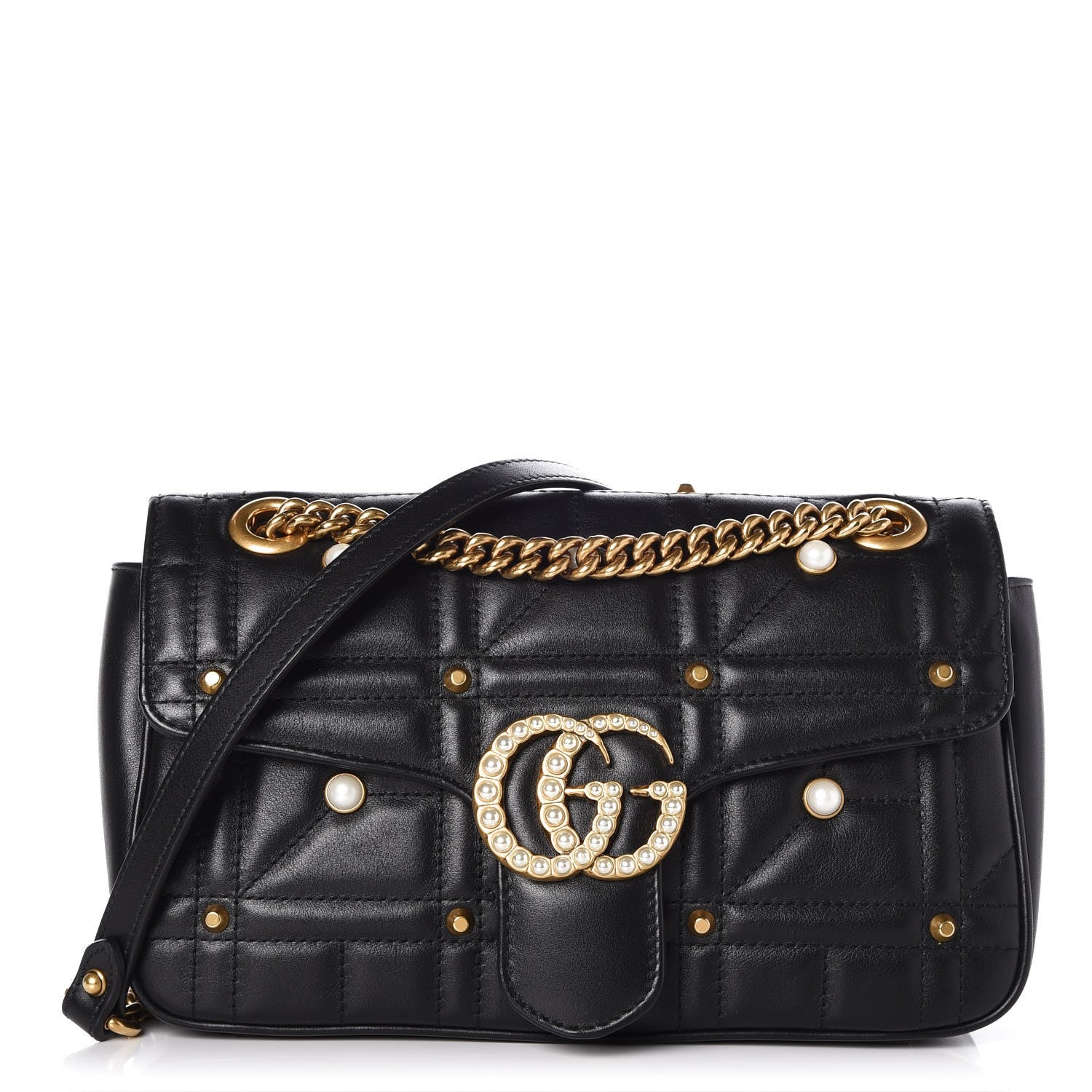 Gucci Calfskin Matelasse Studded Small Pearly GG Marmont Shoulder Bag Black 1 of 7