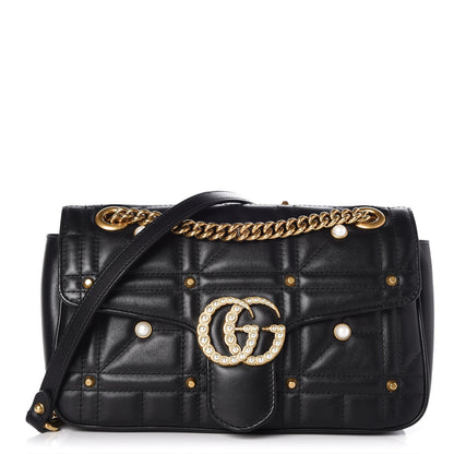 Gucci Calfskin Matelasse Studded Small Pearly GG Marmont Shoulder Bag Black 1 of 7