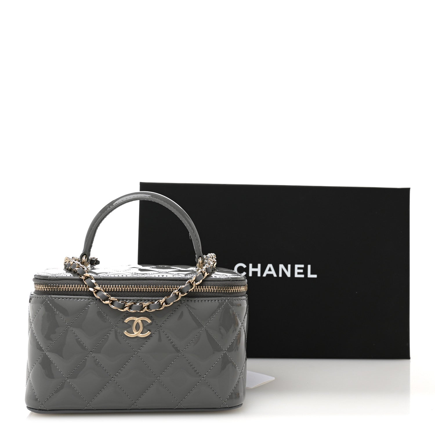 Chanel Patent Quilted Quilted Small Top Handle Vanity Case With Chain Grey 11 of 11
