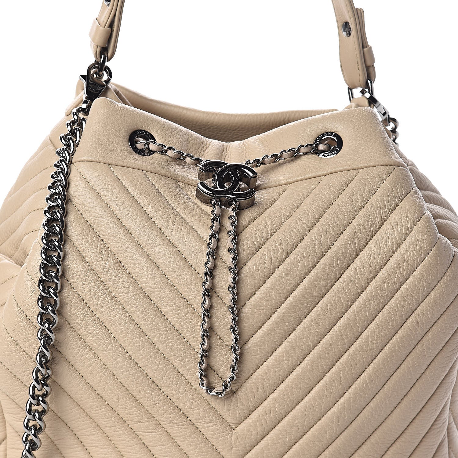 Chanel Deerskin Chevron Large CC Chain Bucket Drawstring Bag Beige 8 of 10
