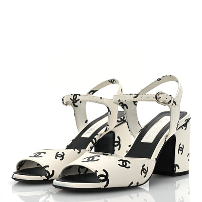 Chanel Printed Lambskin CC Sandals 37 White Black 4 of 15