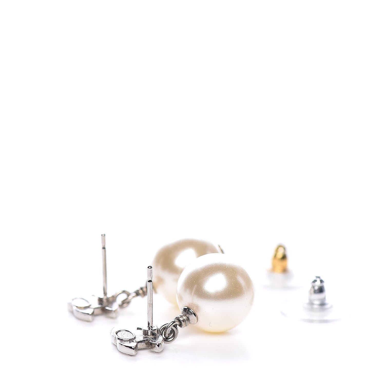 Chanel Crystal Pearl CC Drop Earrings Silver Pearly White 4 of 5