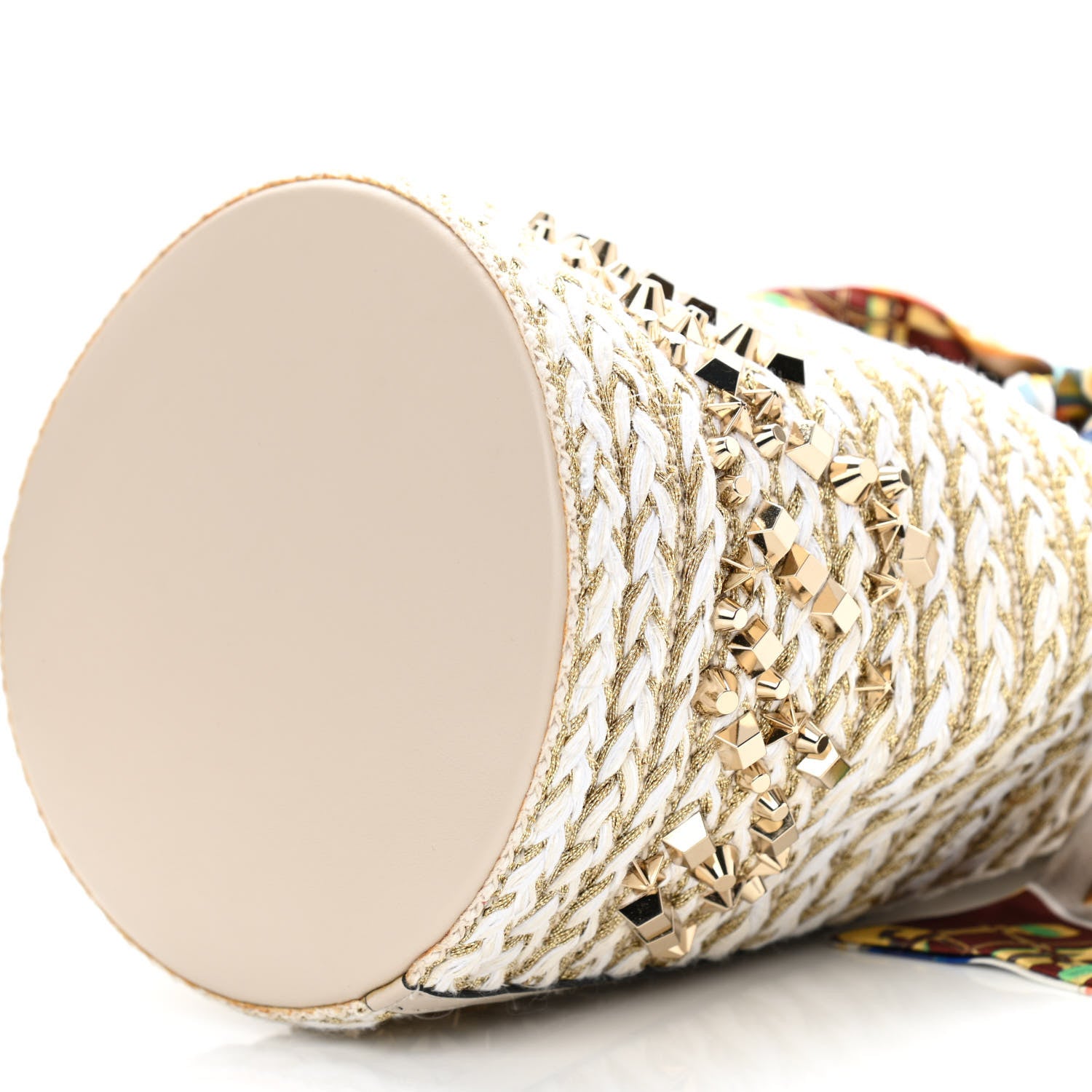 Christian Louboutin Woven Jute Crepe Satin Studded Marie Jane Bucket White Gold 9 of 9