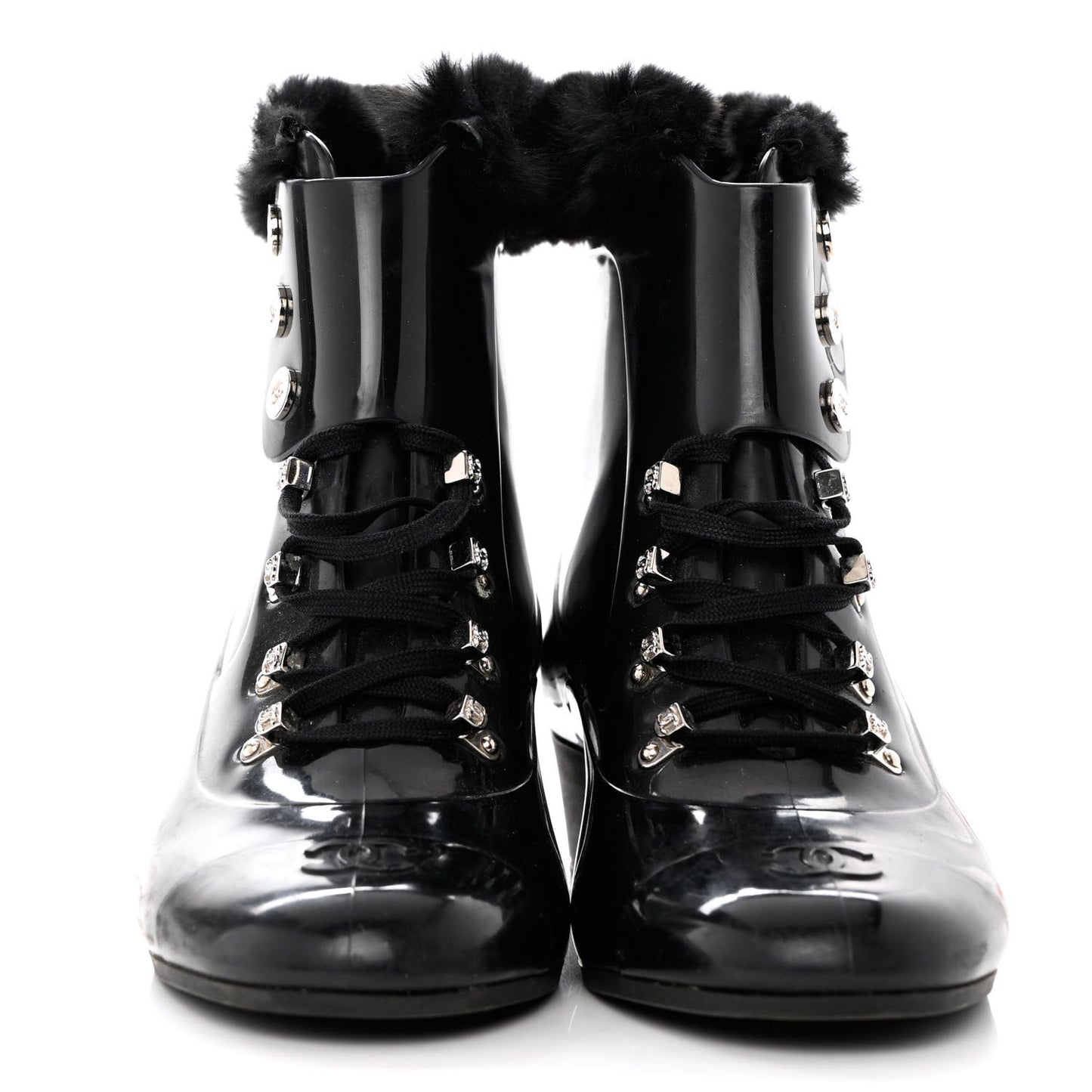 Rubber Rabbit Fur Lace Up Rain Boots 39 Black