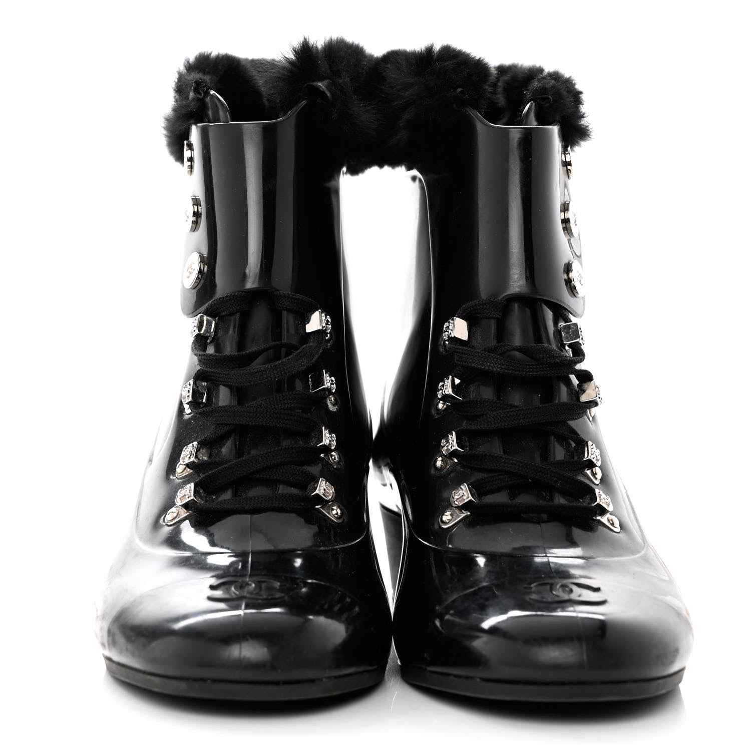 Chanel Rubber Rabbit Fur Lace Up Rain Boots 39 Black 2 of 8