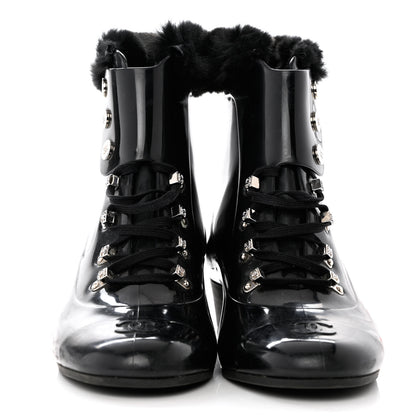 Chanel Rubber Rabbit Fur Lace Up Rain Boots 39 Black 2 of 8