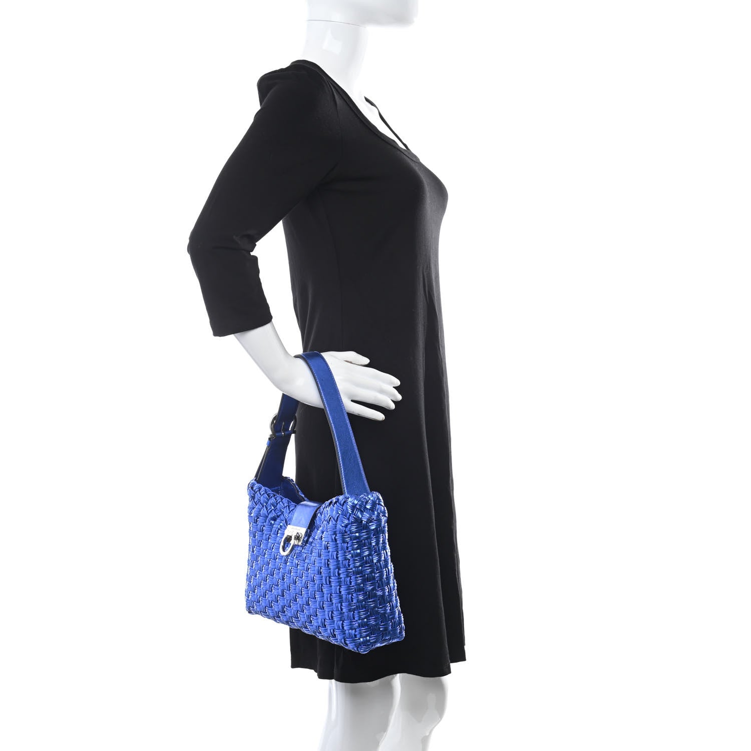 Salvatore Ferragamo Metallic Woven Calfskin Trifolio Shoulder Bag Bluette 2 of 9