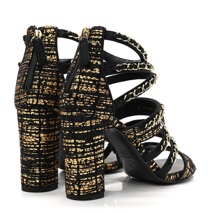 Chanel Metallic Tweed Gladiator Chain Sandals 38.5 Black Gold 4 of 9