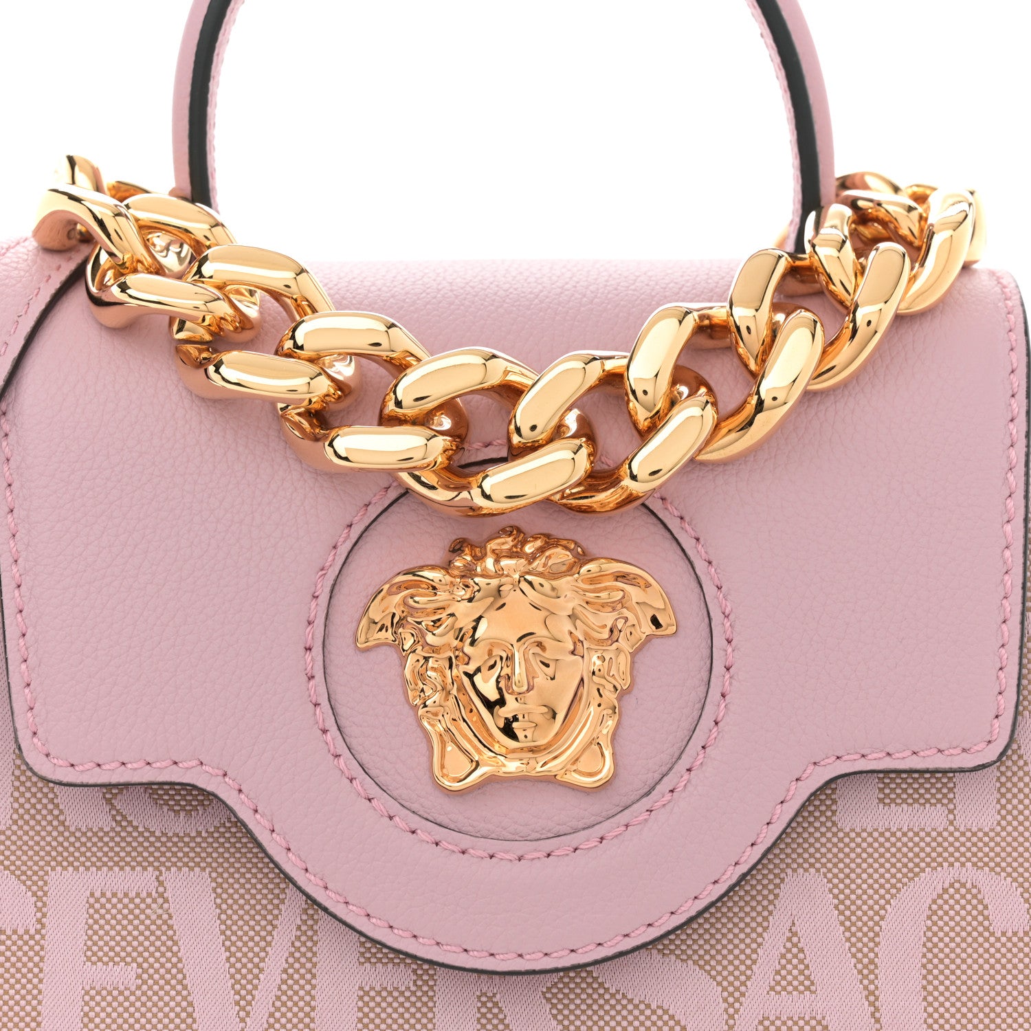 Versace Calfskin Canvas Allover La Medusa Small Top Handle Handbag