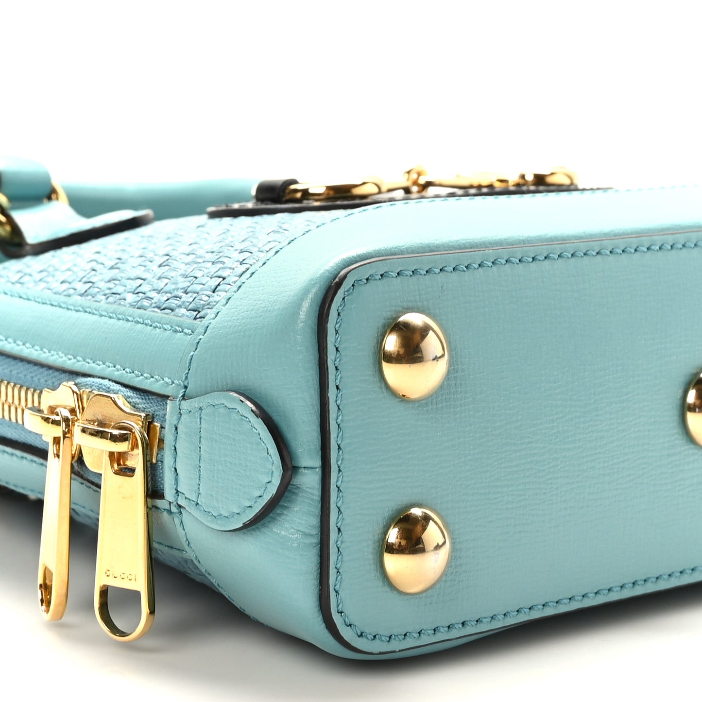 Straw Azalea Calfskin Woven Mini Horsebit 1955 Top Handle Bag Dusty Azure Black