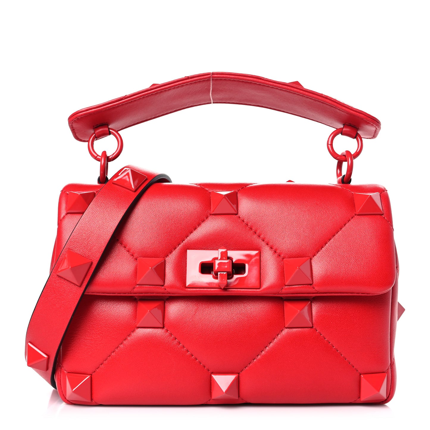 Nappa Enamel Monochrome Medium Roman Stud Shoulder Bag Rouge Pur