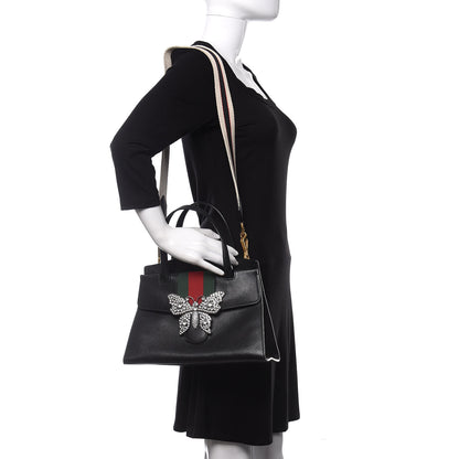 Gucci Grained Calfskin Web Crystal Butterfly Stripe Medium Totem Top Handle Bag Black 2 of 14