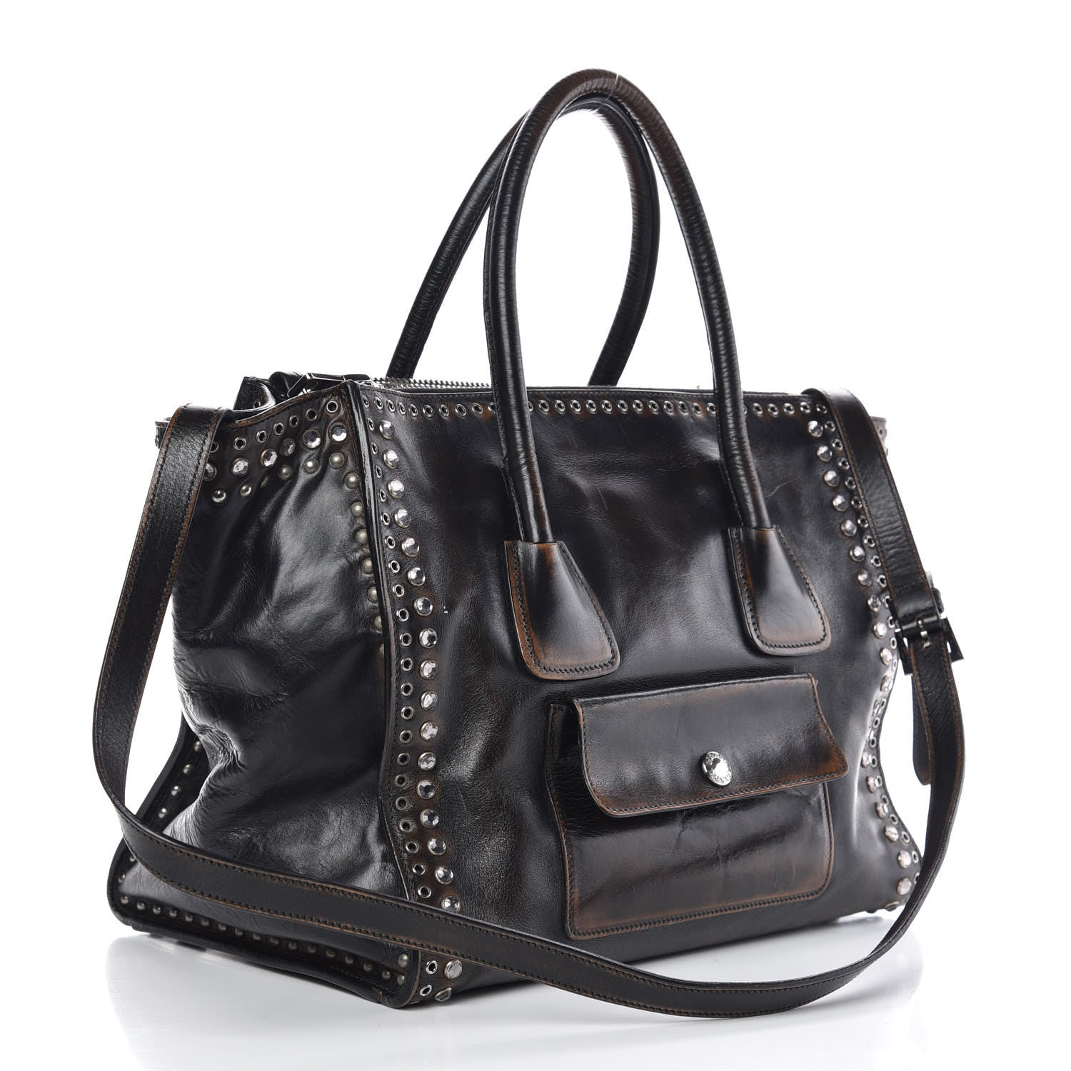 Prada Vitello Vintage Studded Twin Pocket Tote Ebano 359036