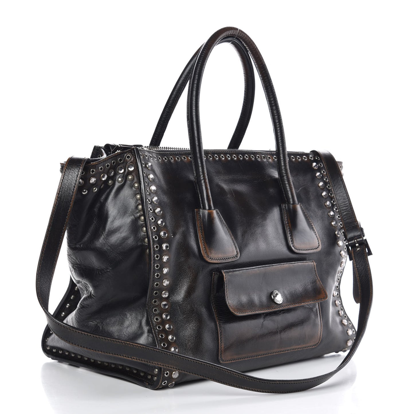 Vitello Vintage Studded Twin Pocket Tote Ebano