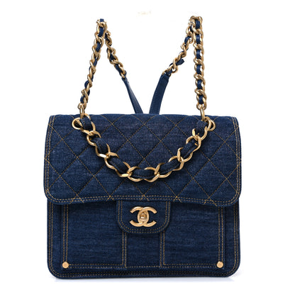 Chanel Denim Quilted Double You Backpack Blue Golden 1 of 10