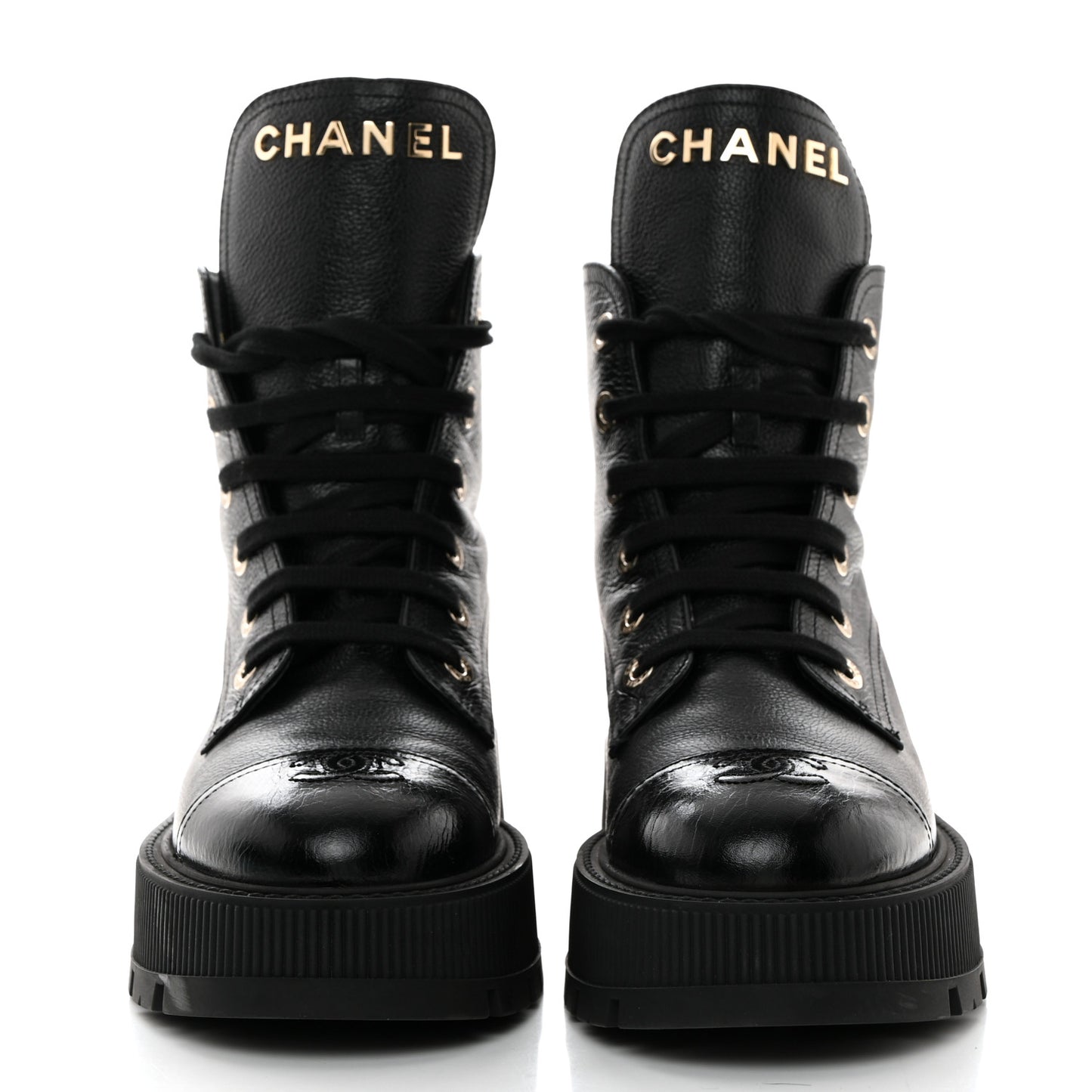 Grained Calfskin Shiny Calfskin CC Lace Up Combat Boots 39.5 Black