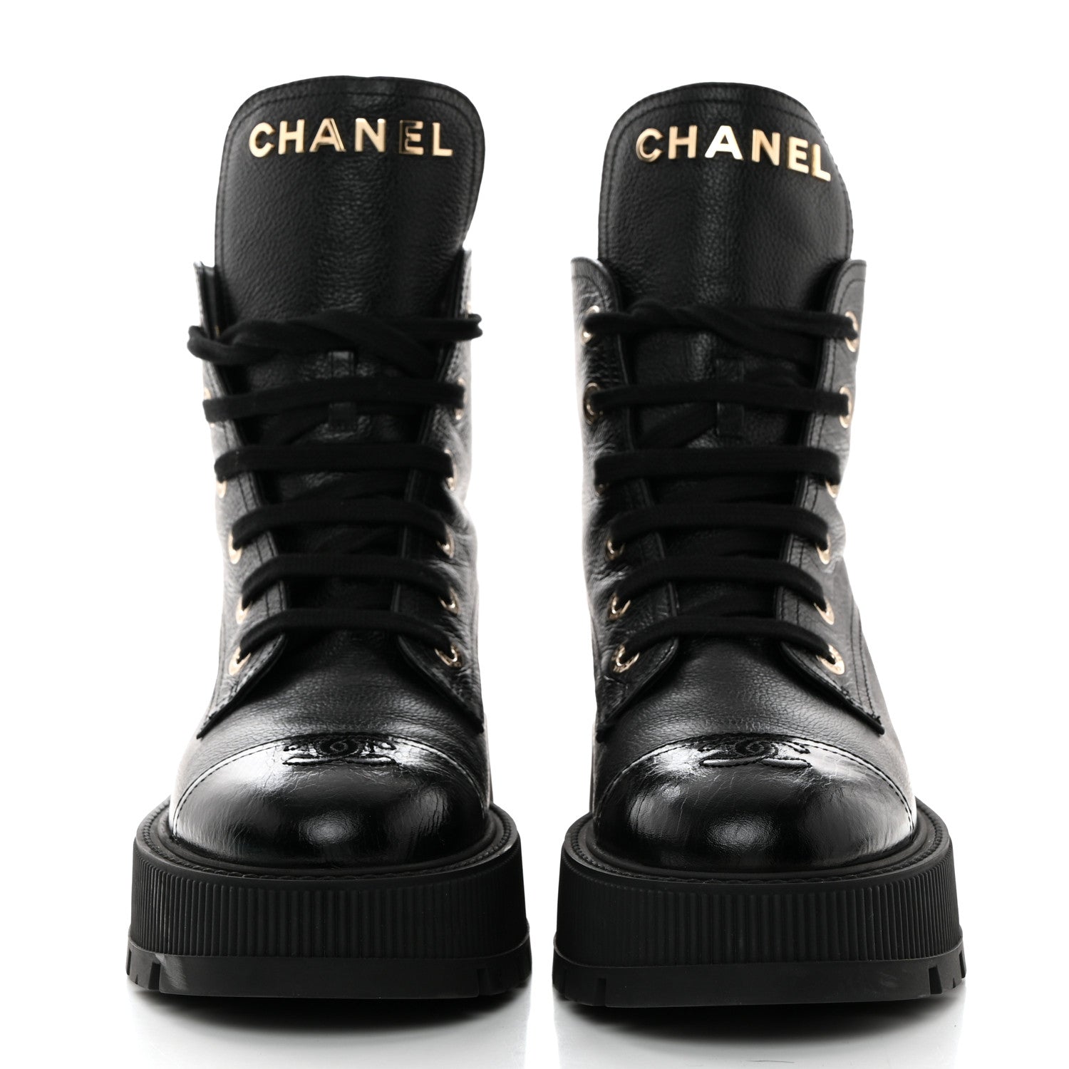 Chanel Grained Calfskin Shiny Calfskin CC Lace Up Combat Boots 39.5 Black 2 of 8
