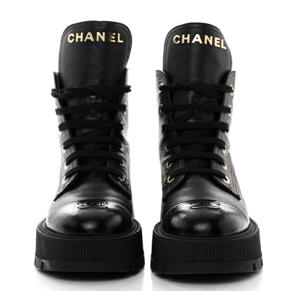 Chanel Grained Calfskin Shiny Calfskin CC Lace Up Combat Boots 39.5 Black 2 of 8