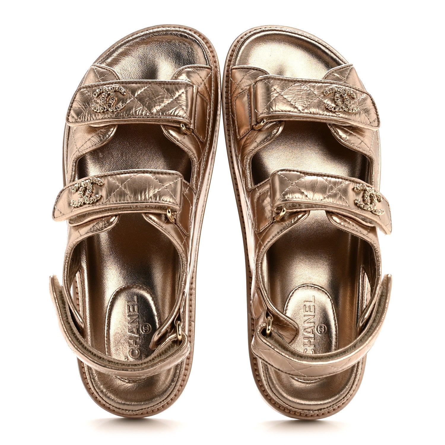Chanel Iridescent Lambskin Quilted Velcro Dad Sandals 36.5 Light Bronze 2 of 10