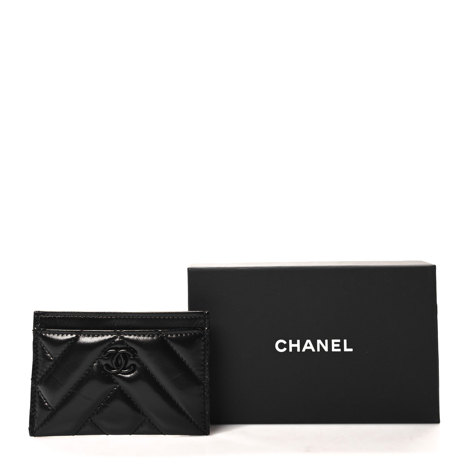 Chanel Shiny Lambskin Chevron Quilted Card Holder So Black 9 of 9
