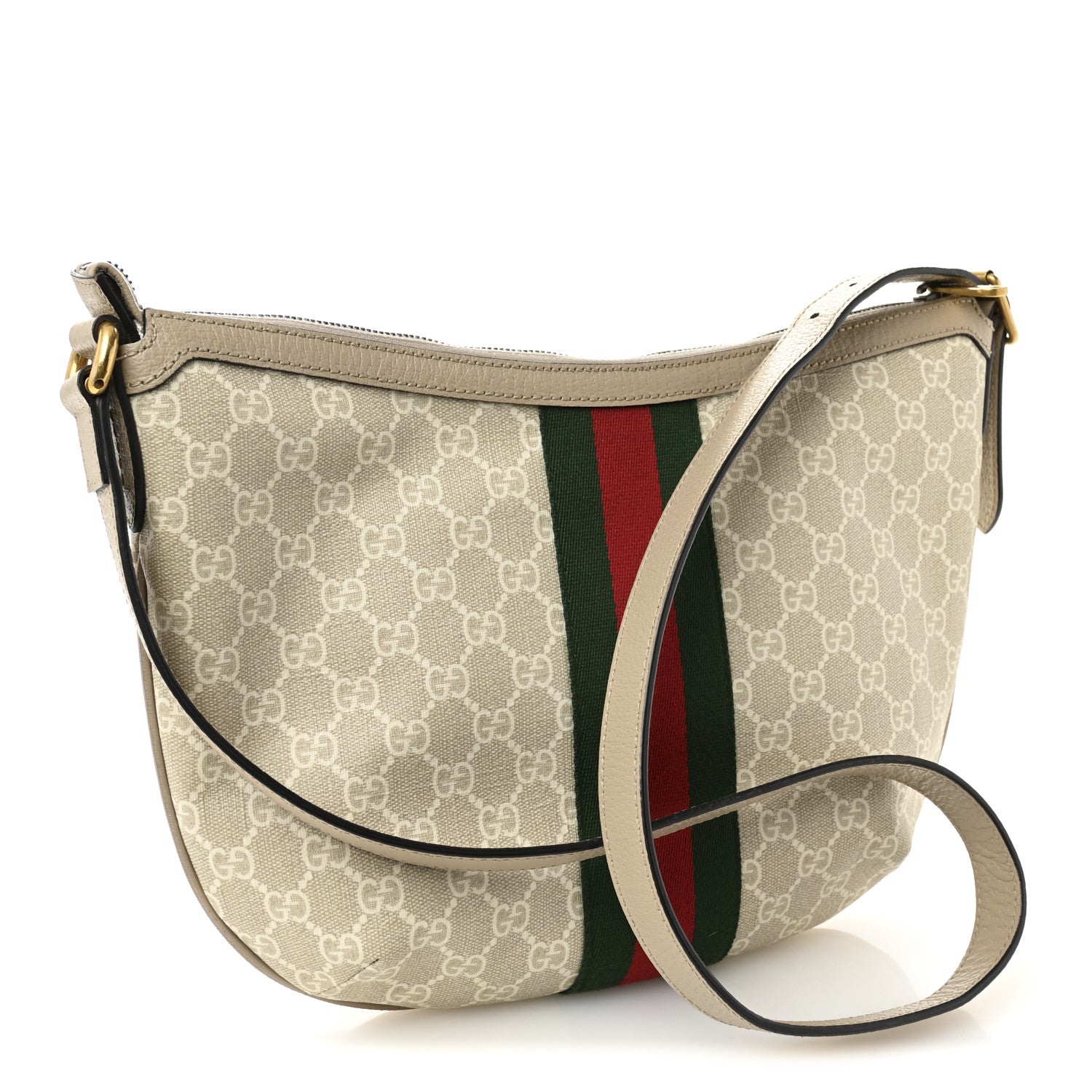 Gucci GG Supreme Monogram Textured Dollar Calfskin Web Small Ophidia Half Moon Hobo Beige Mystic White Oatmeal 3 of 11
