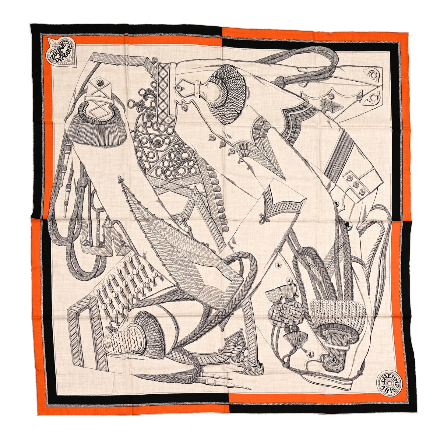 Cashmere Silk Zouaves Et Dragons Shawl 140 Naturel Orange Black