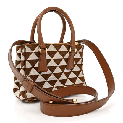 Prada Jacquard Saffiano Triangolo Symbole Embroidered Mini Galleria Double Zip Tote Tabacco Talco 3 of 16
