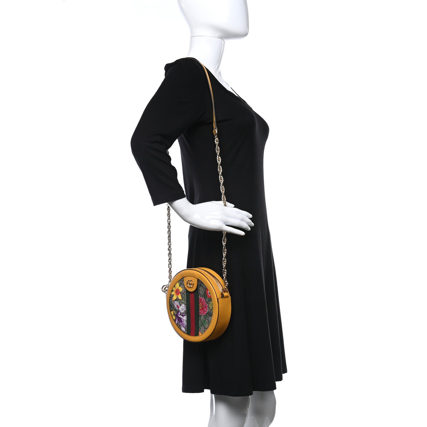 GG Supreme Monogram Flora Web Mini Ophidia Round Shoulder Bag Beige Multicolor Crop